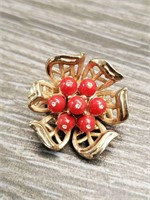 EXQUISITE VTG GOLD MIRIAM HASKELL RED BEAD BROOCH
