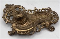 Vtg Ornate Brass Ink Well Tray Desk