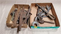 2 Trays of Antique Wrenches, Picaxe Heads, Tools