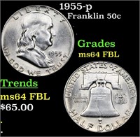 1955-p Franklin Half Dollar 50c Grades Choice Unc