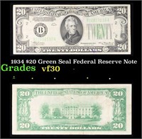 1934 $20 Green Seal Federal Reseve Note Grades vf+