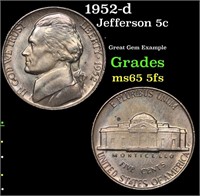 1952-d Jefferson Nickel 5c Grades GEM 5fs