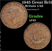 1945 Great Britain 1/2 Penny KM# 844 Grades xf+