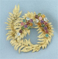 Vintage Rainbow Gemstone Wreath Pin in 18k Yellow