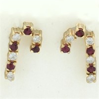 Diamond and Ruby Candy Cane Earrings in 14k Yellow