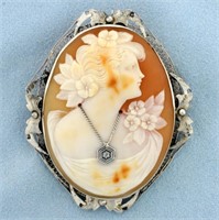 Right Facing  Shell Cameo With Diamond Necklace Pe