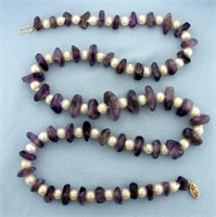 24 Inch Pearl and Amethyst Bead Necklace with 10k