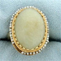 Antique Jade and Seed Pearl Ring in 14k Yellow Gol