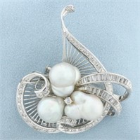 Diamond and Baroque Pearl Pendant Brooch Pin in 14
