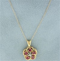 Ruby and Diamond Flower Design Necklace in 14k Yel