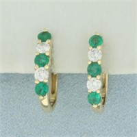 Emerald and Diamond Hoop Earrings in 14k Yellow Go