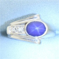 Star Sapphire and Diamond Retro Era Ring in 14k Wh