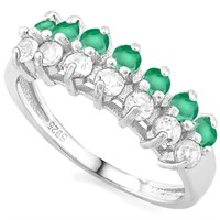 Emerald & White Topaz Line Ring in Sterling Silver