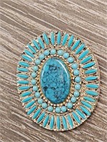 LARGE VINTAGE SILVER PETTIPOINT TURQUOISE BROOCH