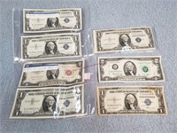 5- $1 Silver Certificates, $2 Red Seal & $2 Green