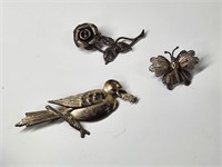STERLING SILVER PINS - BIRD, BUTTERFLY, ROSE