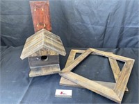 Handcrafted wooden birdhouse and picture frames