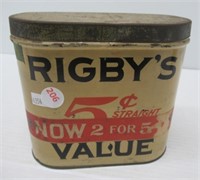 Rigby tin. Measures: 5 1/2" tall.