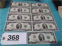 9 Two Dollar Bills - 7 Sequential
