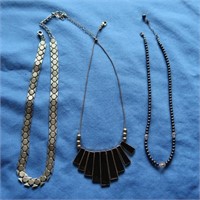 3 Costume Necklaces-Brown Beaded, Silver, Black&