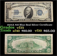 1934 $10 Blue Seal Silver Certificate Grades vf+