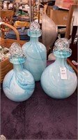 3-aqua swirl glass bottles w/ art glass stoppers,