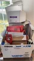 Box of Office supplies, pencils, binders,