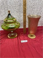 Green & Gold Covered Dish & Gold Vase