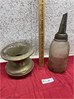 Brass colored spitoon & Atlas Oil Jar