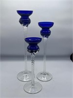 Hand Blown Art Glass Candlesticks Cobalt Blue
