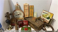 Vintage metal scales, wooden cigar boxes
