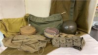 Military duffel bag, helmet, belt plus