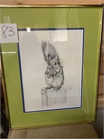 FRAMED SQUIRREL ON TREE STUMP ETCHING PRINT