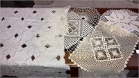 Ecru doilies, square cutwork table cover about