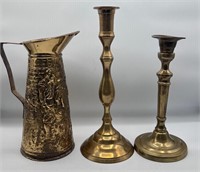 Brass candlesticks & pitcher embossed