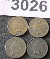 Four Indian Head pennies 1895, 1901, 1902, 1903