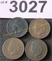 Four Indian Head pennies 1892, 1899, 1900, 1905