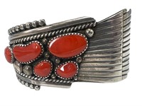 P. Begay Signed Sterling & Coral Cuff