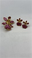 Pink enamel orchid brooch and earring set