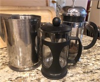 D - STAINLESS PITCHER & 2 FRENCH PRESS COFFEE POTS