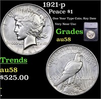 1921-p Peace Dollar $1 Graded au58 By SEGS