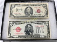1966 $100 RED SEAL,1928B $5 BILL