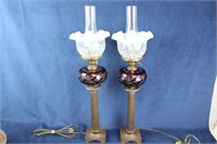 Cranberry Cut to Clear lamps with Opal Shades