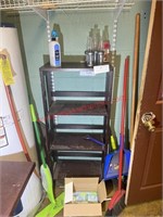 LOT - WOODEN SHELF, CLEANING SUPPLIES, BROOMS, ETC