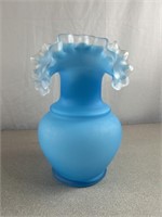 Glass satin blue ruffled top vase. Approximately