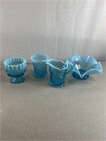 Blue opalescent candy dish, footed vase, water