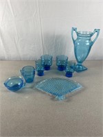 Blue colored glass trophy vase, ashtray, sugar