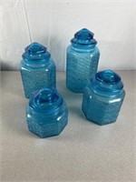 LE Smith Aqua Button and Daisy storage jars. Set