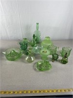 Green colored glassware including candy dish,