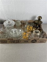 Clear glass and cut glass. Includes candy dish,